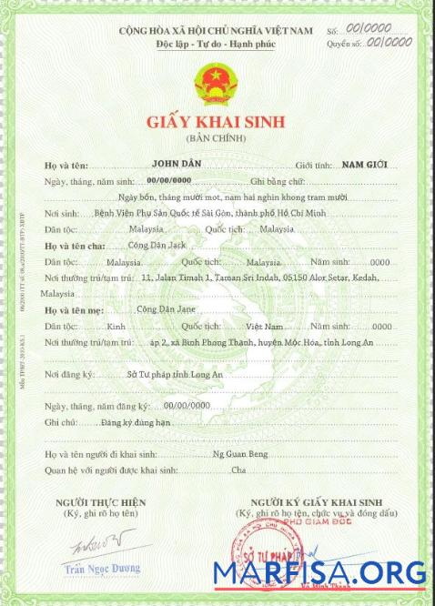 Realistic Vietnam birth ceetificate template in PSD format